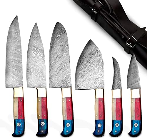 סט שף מזויף של דמשק פלדה מערכה של 6 יח '| ידית מיוצרת עם עצם גמל עם עץ כחול ואדום של פאקקה | גליל סכין עור חלק ונוח של סכין